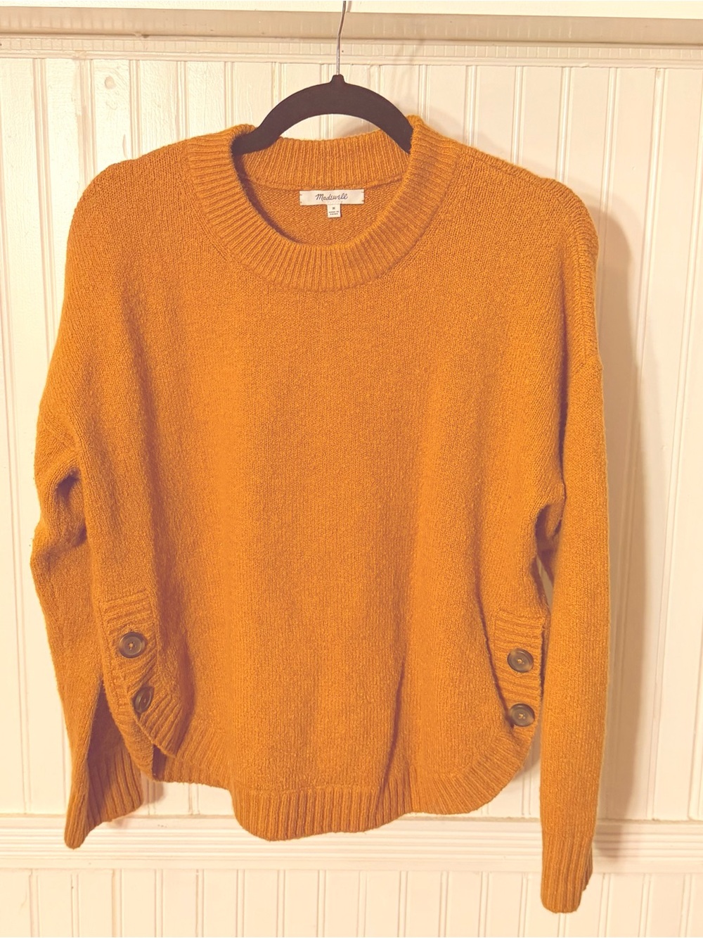 Madewell Mustard Crewneck Sweater with Side Button Detail